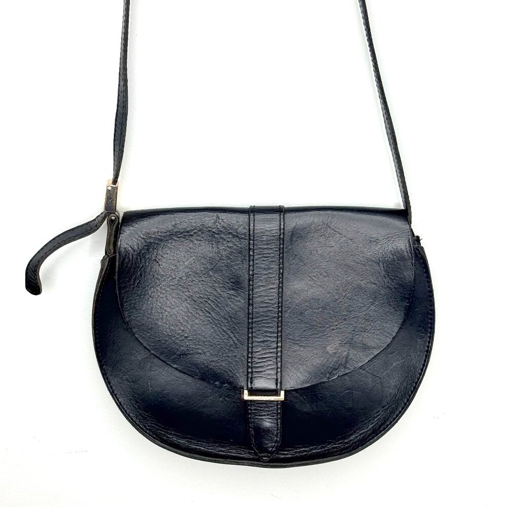 CLARE V Luce Leather Boho Saddle Half Moon Adjustable Crossbody Bag Black Gold - Picture 1 of 11